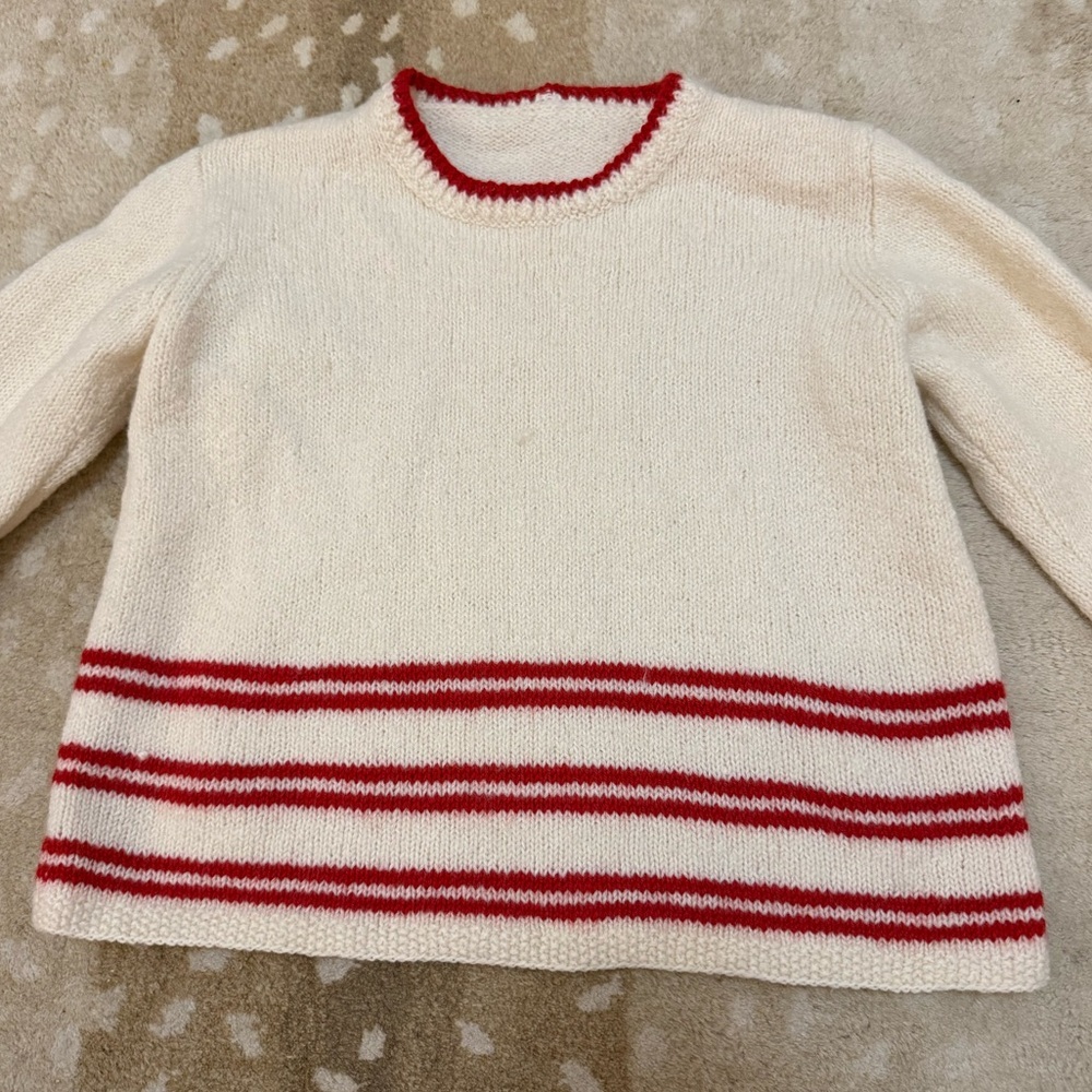 Vintage Unbranded Cream Wool Blend Knit Sweater Red Stripe Preppy Cottage core - Picture 5 of 7